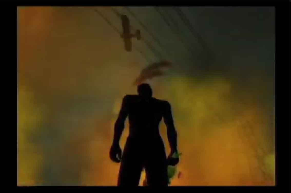 In a Still from Phil Solomon's Rehearsal for Retirement there is a silhouette of a man holding a bouquet of flowers against an orange sky with a plane flying overhead