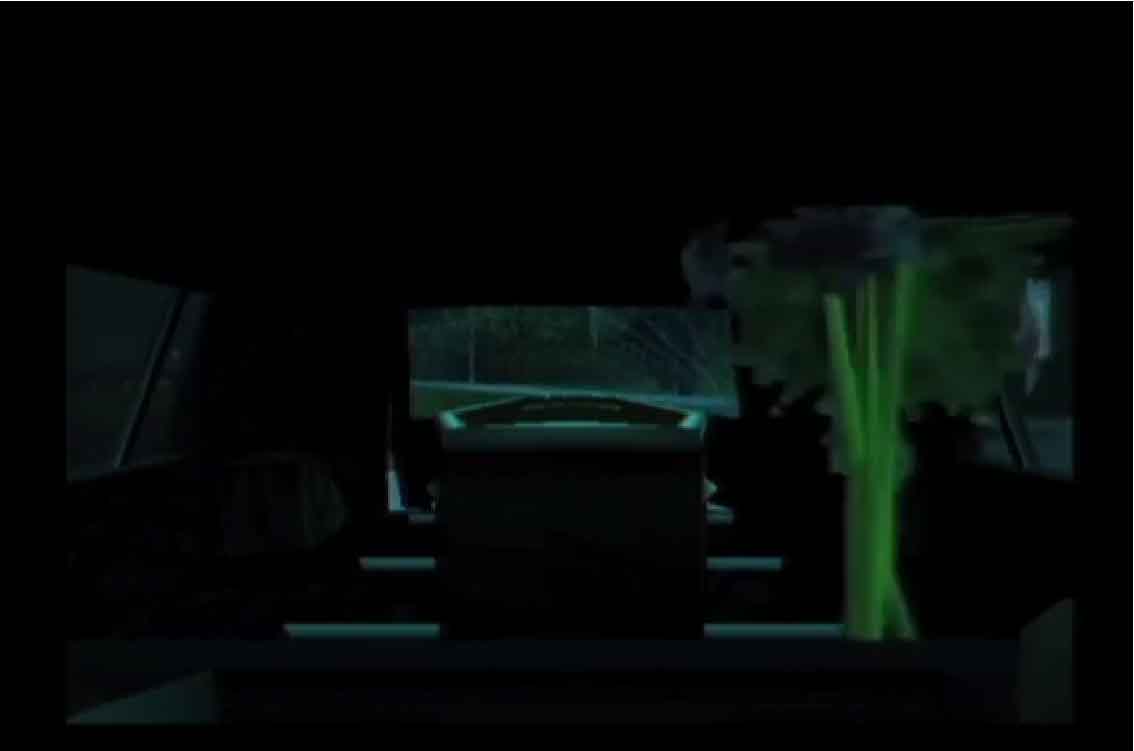 Inside a hearse, a coffin rests in the back trunk. The still is captured from the perspective of the front seat, gazing towards the rear. On the right side of the coffin, there is a polygonal bouquet of flowers appears to float gracefully in mid-air.