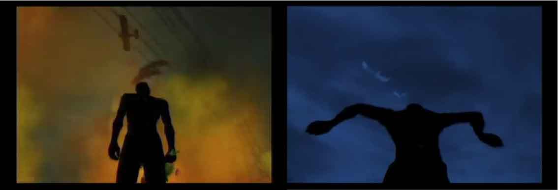 Two contrasting stills from Phil Solomon's Rehearsal for Retirement. The first image showcases a silhouette of a man holding a bouquet of flowers against a vibrant orange sky, with a plane soaring overhead. In the second image, the same man is depicted swimming in the ocean, surrounded by soaring birds instead of a plane, maintaining a similar composition.