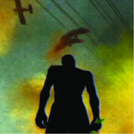 In a Still from Phil Solomon's Rehearsal for Retirement there is a silhouette of a man holding a bouquet of flowers against an orange sky with a plane flying overhead