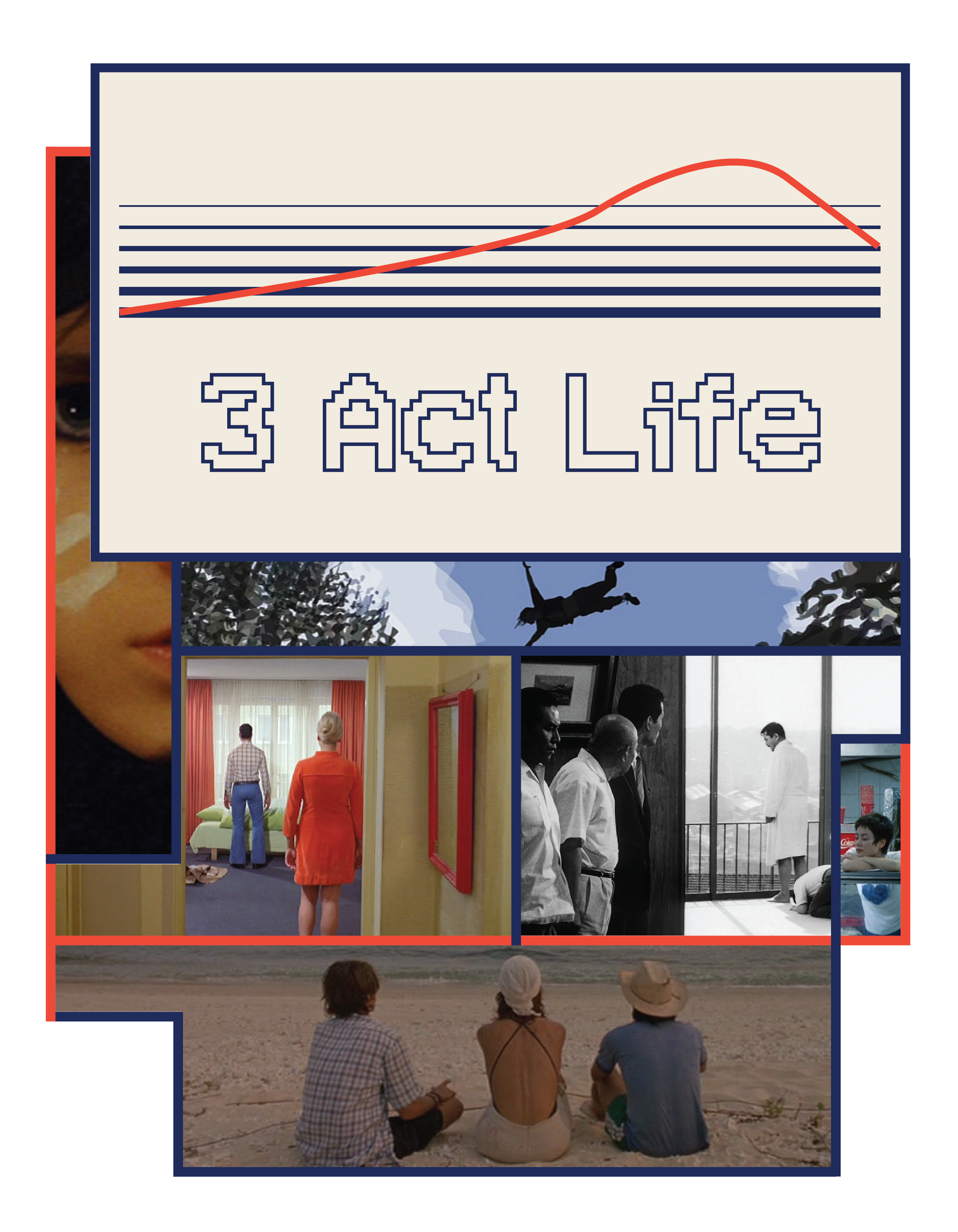 the three act life Logo featuring a collage of stills from various movies. The logo displays the text 'Three Act Life' at the top, accompanied by a line design resembling the structure of the three-act storytelling arch. The collage underneith includes screenshots from the films Moonrise Kingdom, Waking Life, Ali Fear Eats the Soul, High and Low, Chungking Express, and Y Tu Mama Tambien.